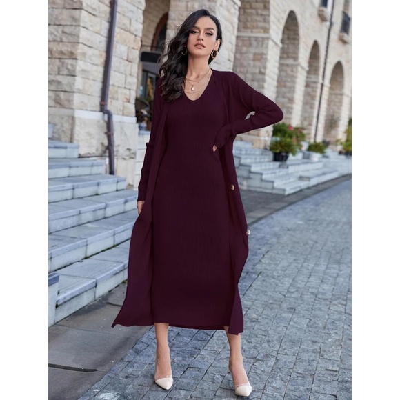 Maroon 2 Piece Set: Knit Midi Pencil Dress and Long Cardigan Button Through - Picture 6 of 15
